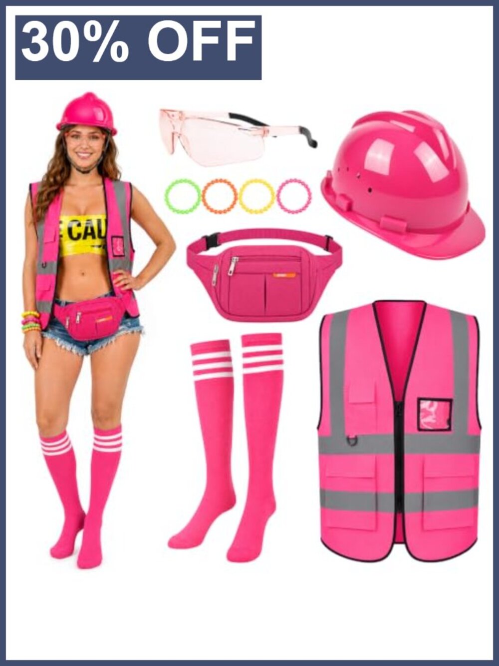 9pc Neon Construction Worker Costume Set for Women Halloween Cosplay